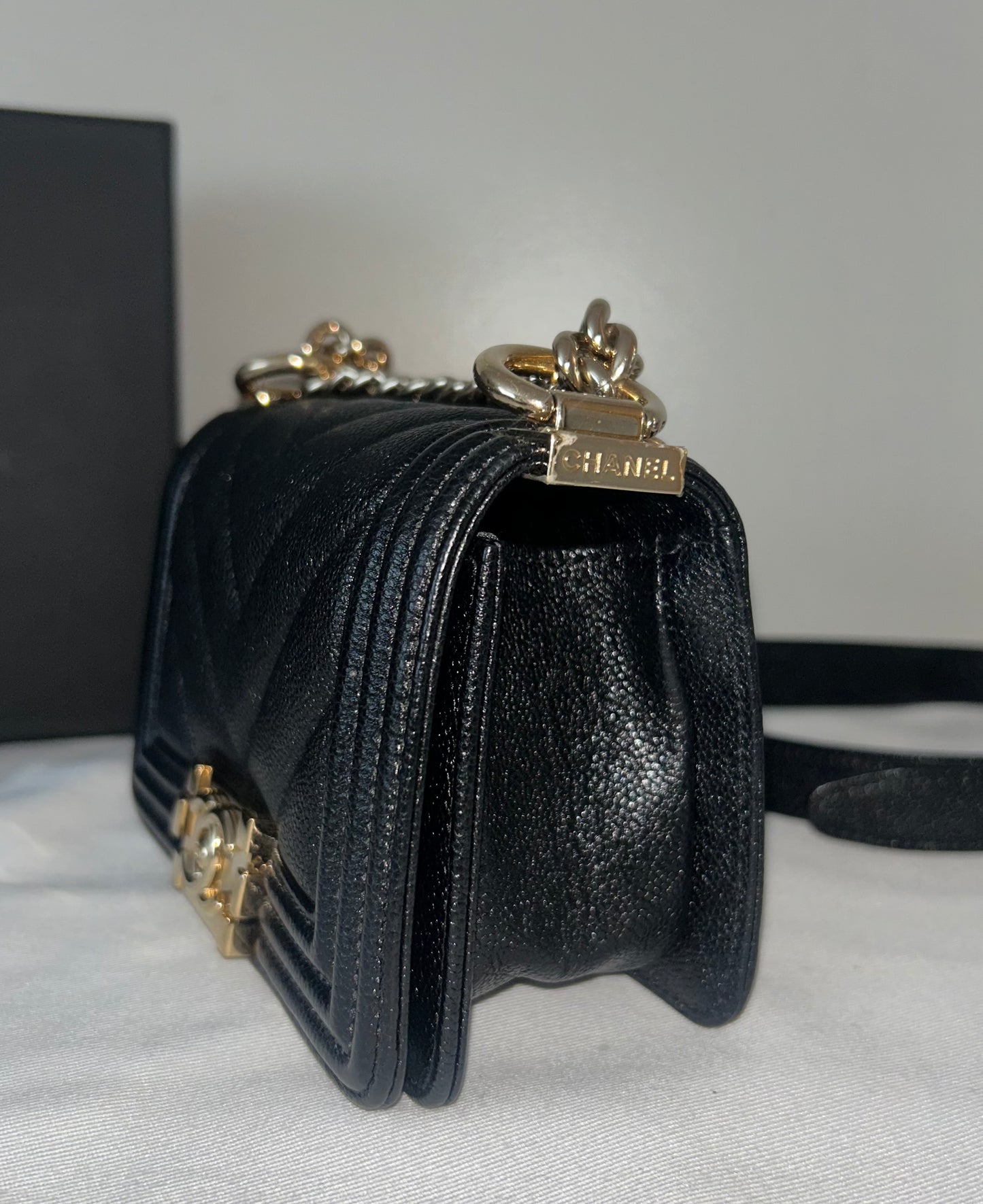 CHANEL Mini Boy Flap Bag Caviar Chevron Quilted Black/Gold
