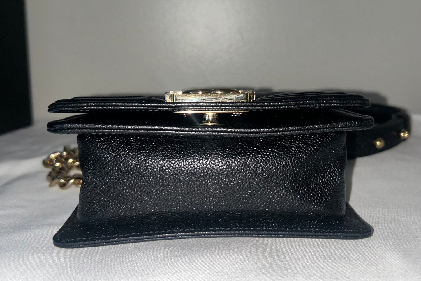 CHANEL Mini Boy Flap Bag Caviar Chevron Quilted Black/Gold