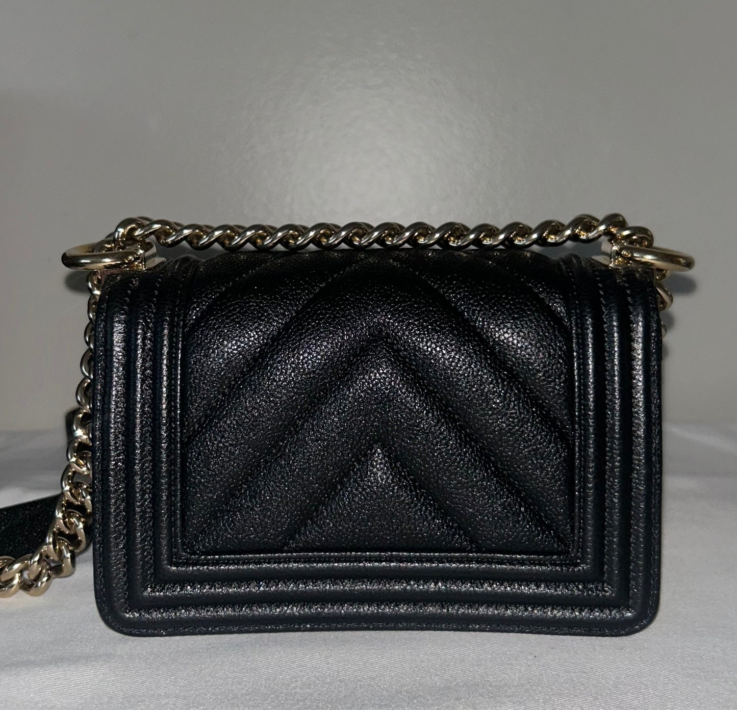 CHANEL Mini Boy Flap Bag Caviar Chevron Quilted Black/Gold
