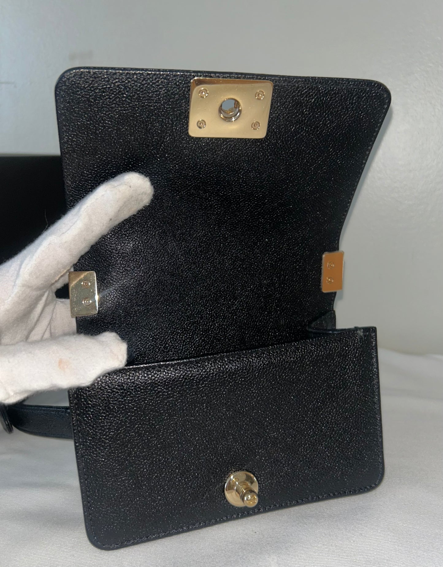 CHANEL Mini Boy Flap Bag Caviar Chevron Quilted Black/Gold