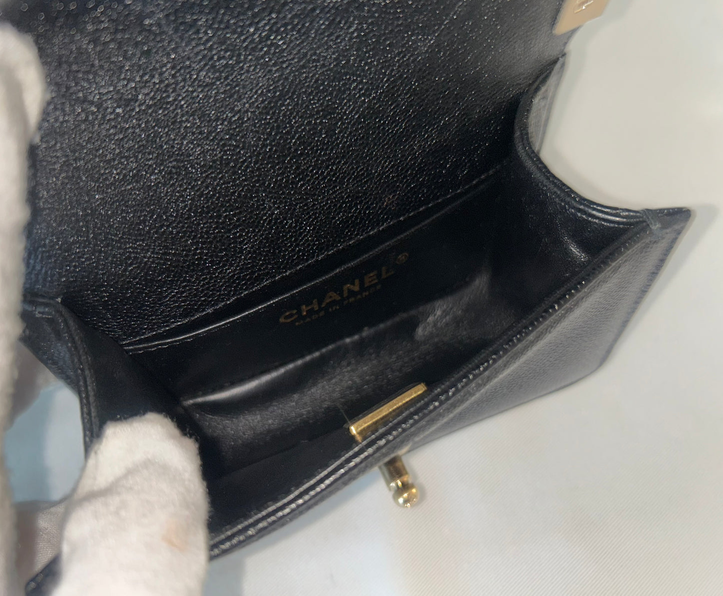 CHANEL Mini Boy Flap Bag Caviar Chevron Quilted Black/Gold