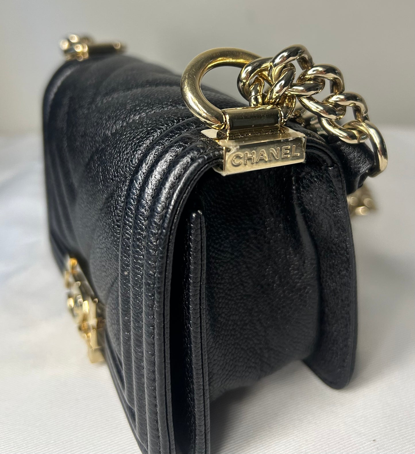 CHANEL Mini Boy Flap Bag Caviar Chevron Quilted Black/Gold