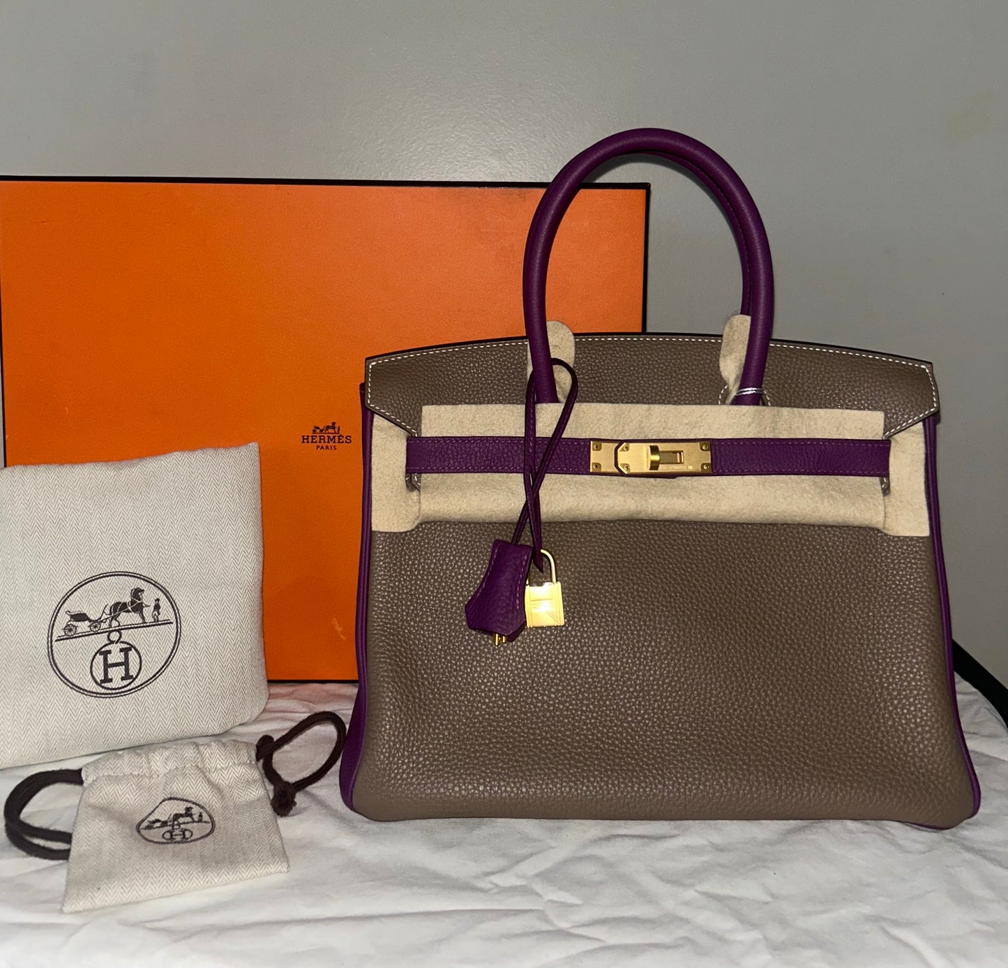 HERMÈS Birkin 30 (HSS) Etoupe/Parme Togo Leather Brushed Gold Hardware