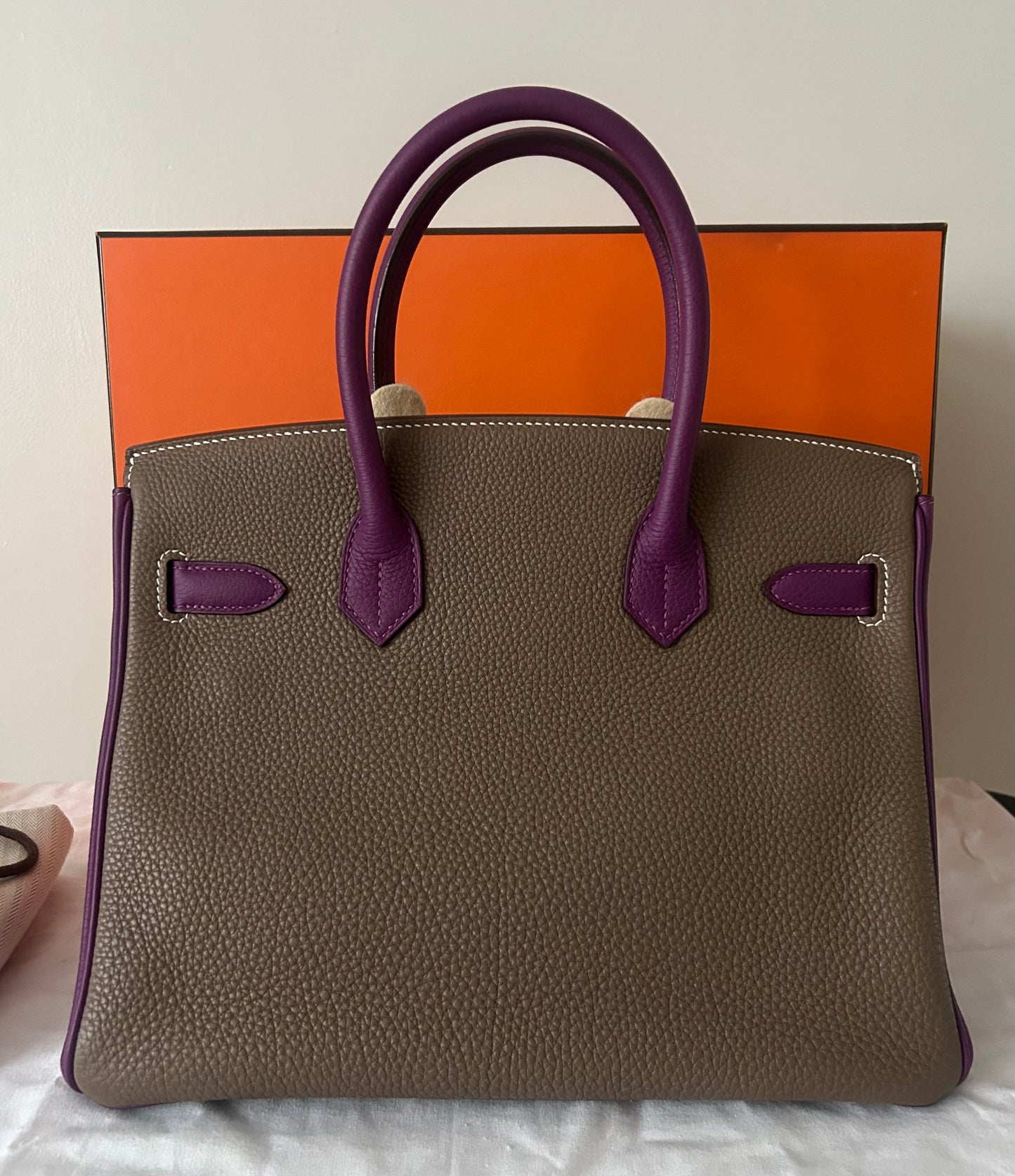 HERMÈS Birkin 30 (HSS) Etoupe/Parme Togo Leather Brushed Gold Hardware
