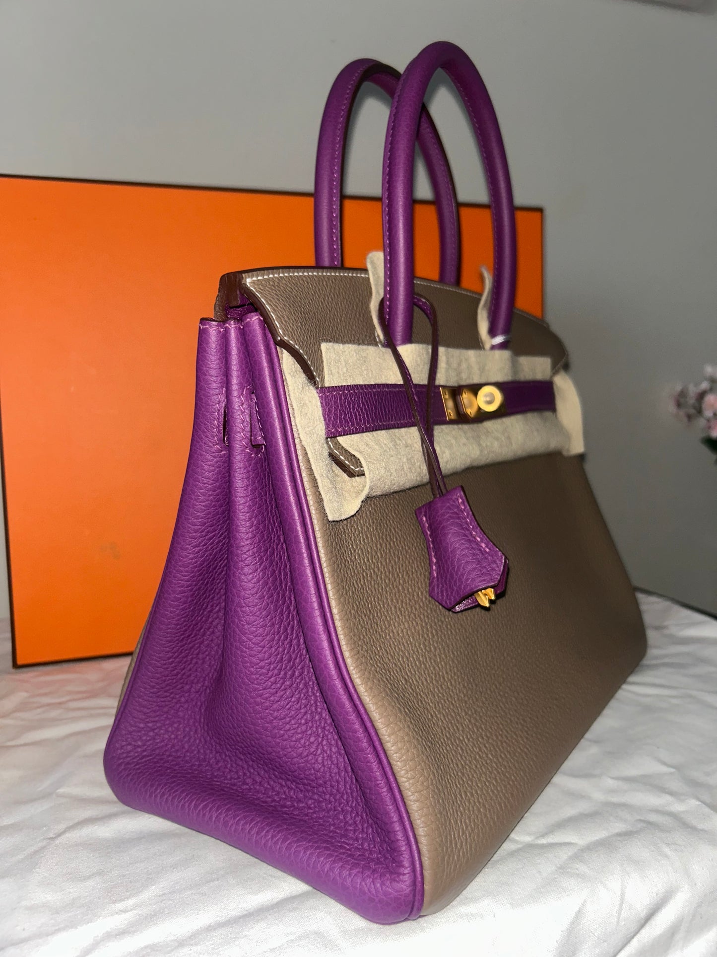 HERMÈS Birkin 30 (HSS) Etoupe/Parme Togo Leather Brushed Gold Hardware