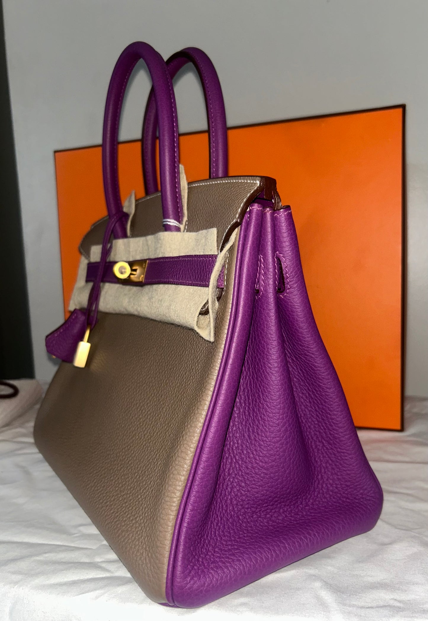 HERMÈS Birkin 30 (HSS) Etoupe/Parme Togo Leather Brushed Gold Hardware