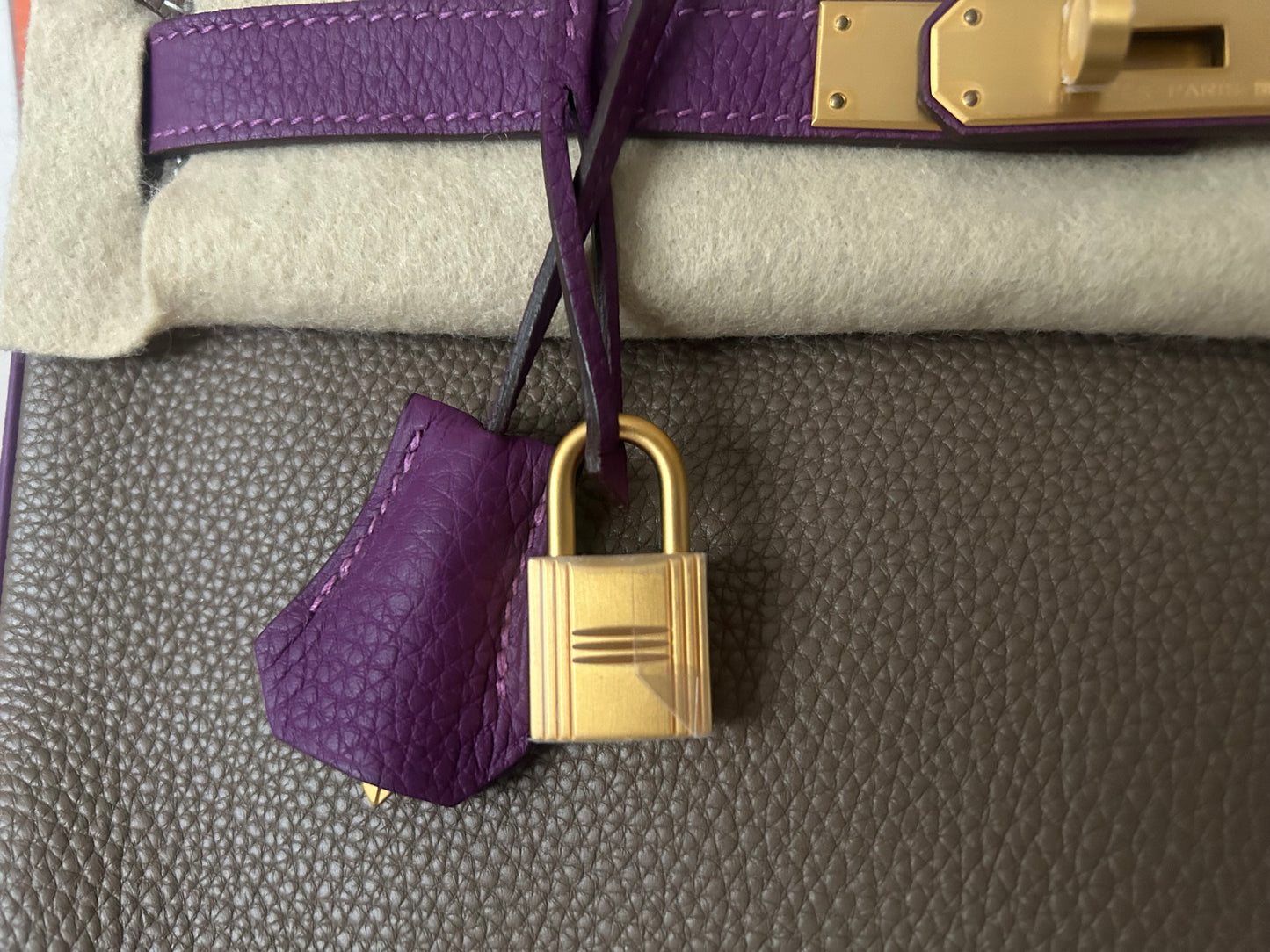 HERMÈS Birkin 30 (HSS) Etoupe/Parme Togo Leather Brushed Gold Hardware