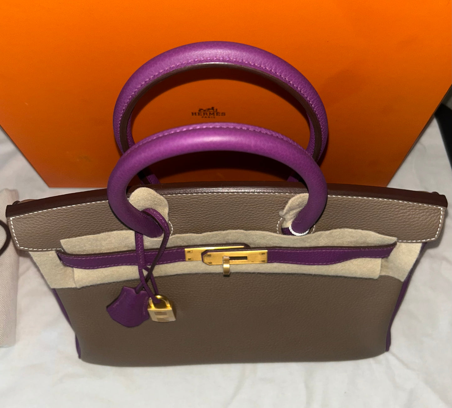 HERMÈS Birkin 30 (HSS) Etoupe/Parme Togo Leather Brushed Gold Hardware