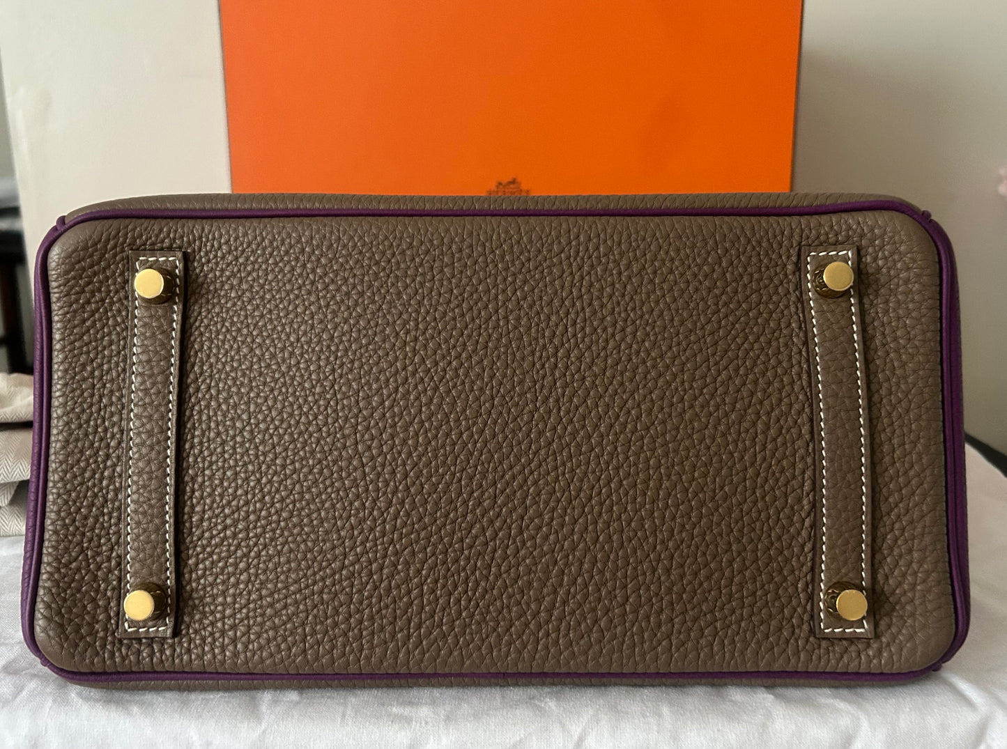 HERMÈS Birkin 30 (HSS) Etoupe/Parme Togo Leather Brushed Gold Hardware