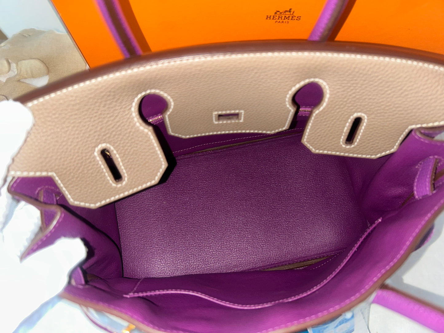HERMÈS Birkin 30 (HSS) Etoupe/Parme Togo Leather Brushed Gold Hardware