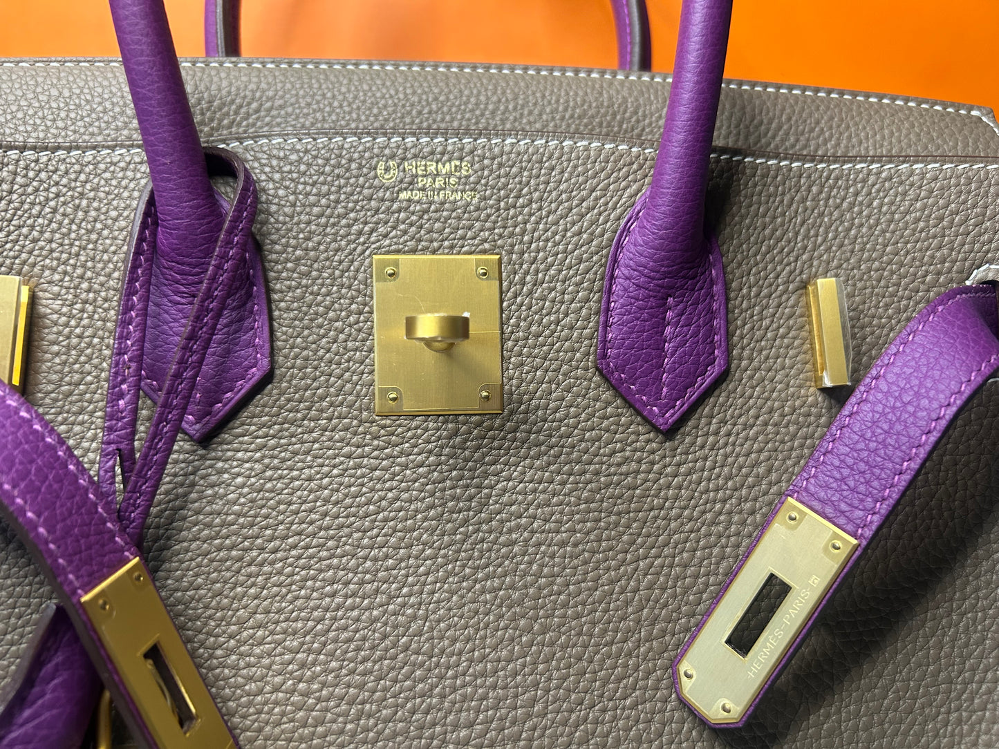 HERMÈS Birkin 30 (HSS) Etoupe/Parme Togo Leather Brushed Gold Hardware