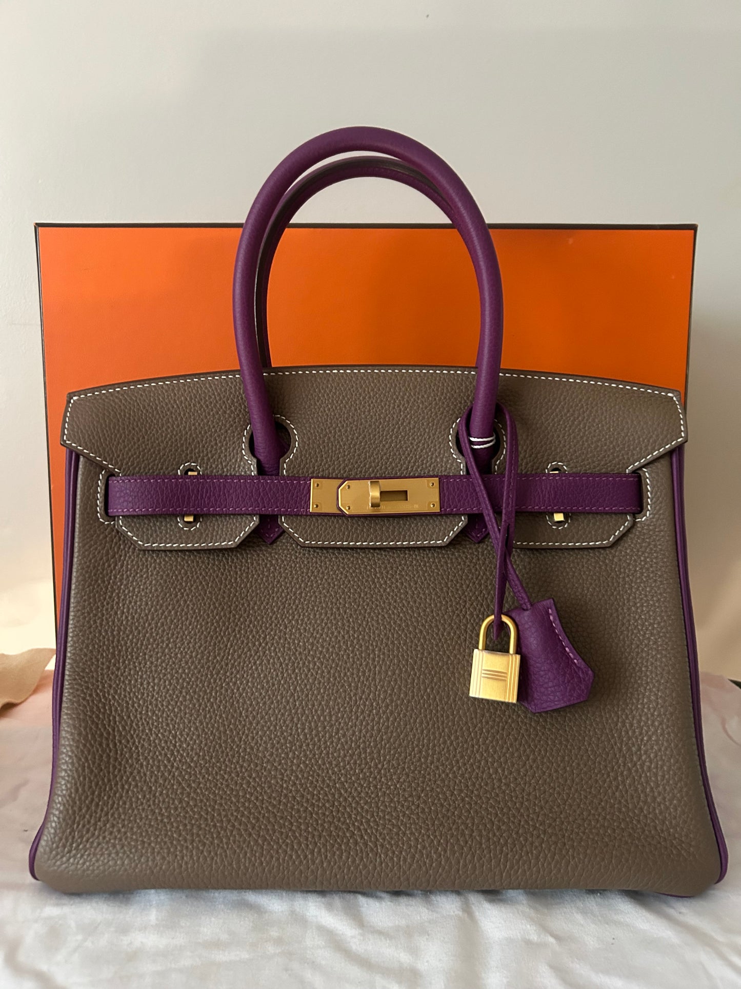 HERMÈS Birkin 30 (HSS) Etoupe/Parme Togo Leather Brushed Gold Hardware