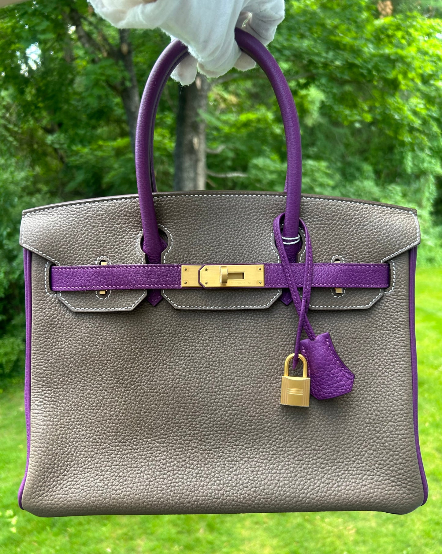 HERMÈS Birkin 30 (HSS) Etoupe/Parme Togo Leather Brushed Gold Hardware