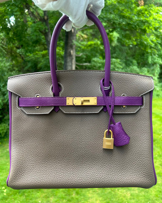 HERMÈS Birkin 30 (HSS) Etoupe/Parme Togo Leather Brushed Gold Hardware