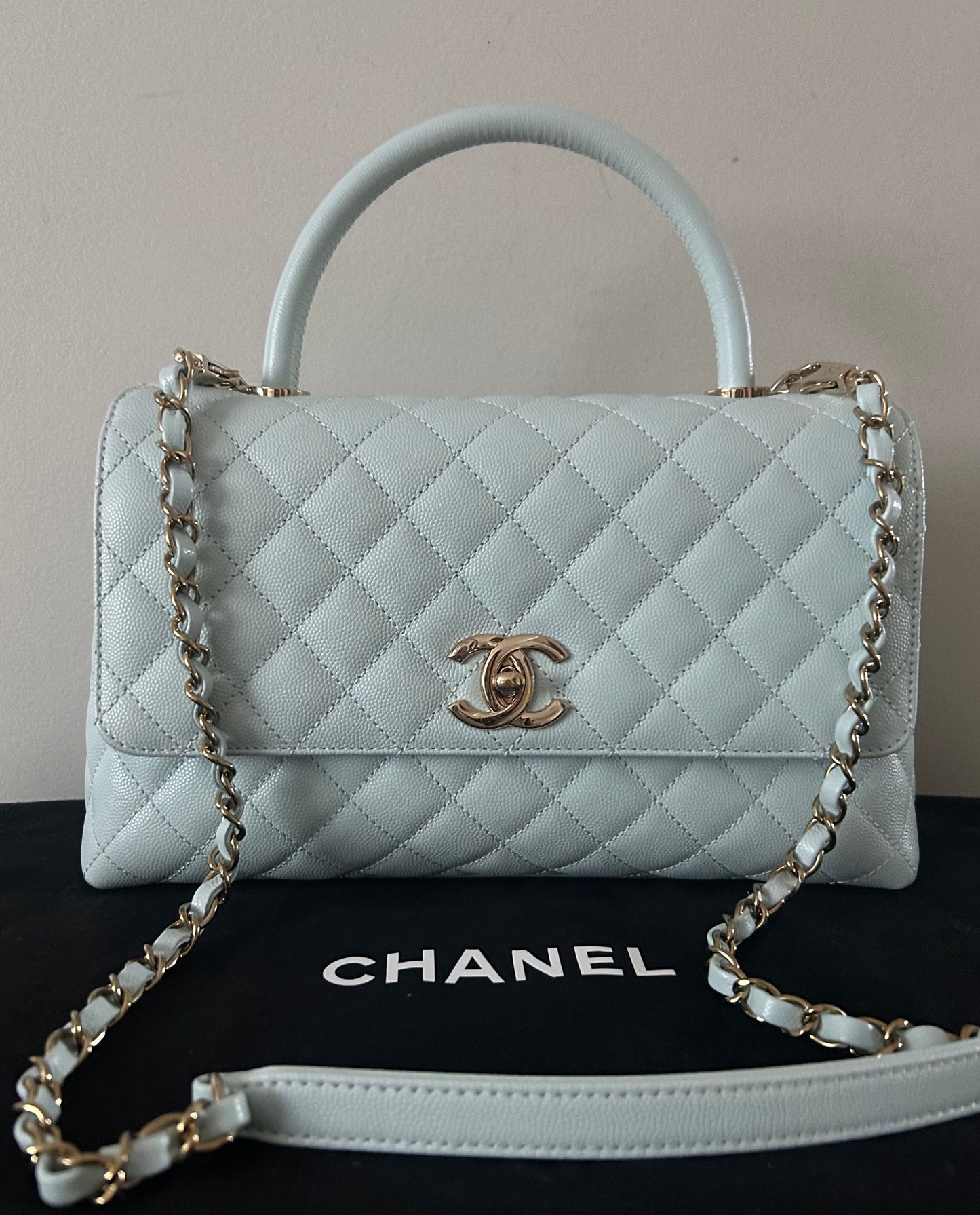 CHANEL Medium Coco Handle Bag Quilted Caviar Light Blue/Gold Hardware