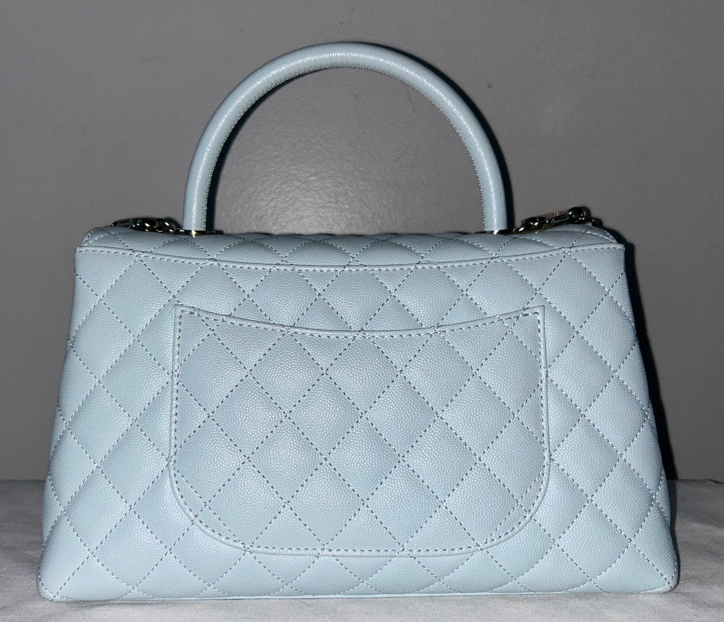 CHANEL Medium Coco Handle Bag Quilted Caviar Light Blue/Gold Hardware