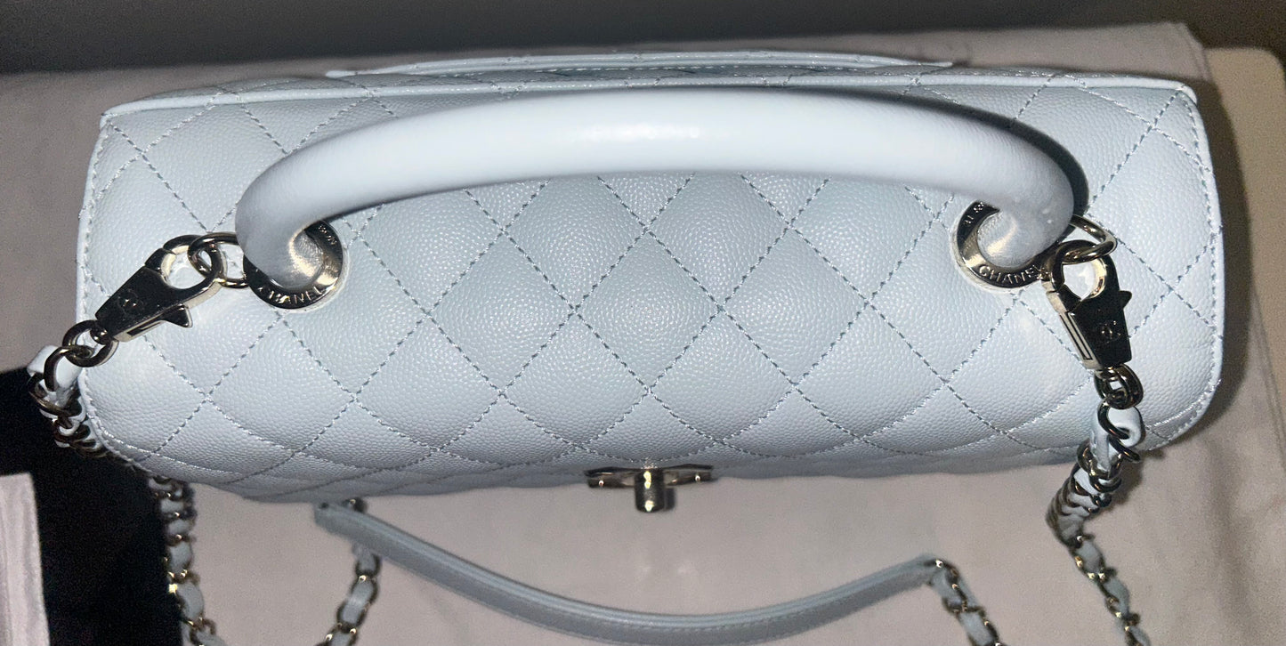 CHANEL Medium Coco Handle Bag Quilted Caviar Light Blue/Gold Hardware