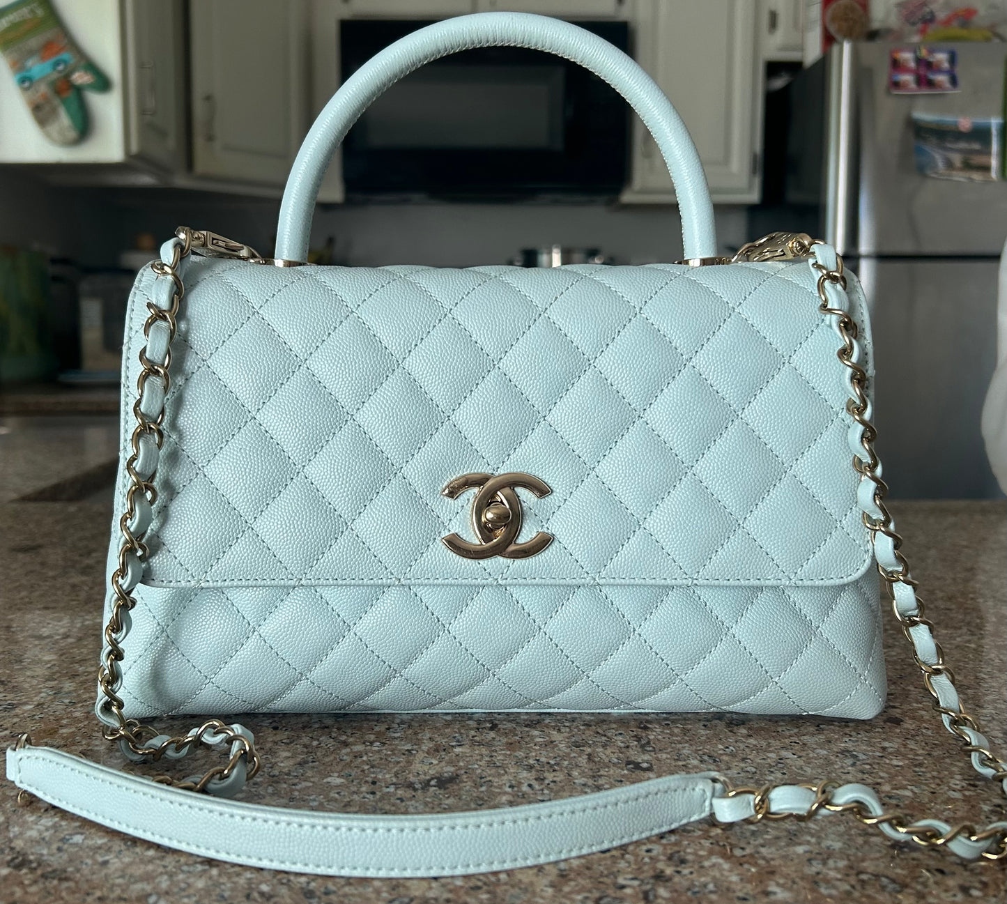 CHANEL Medium Coco Handle Bag Quilted Caviar Light Blue/Gold Hardware