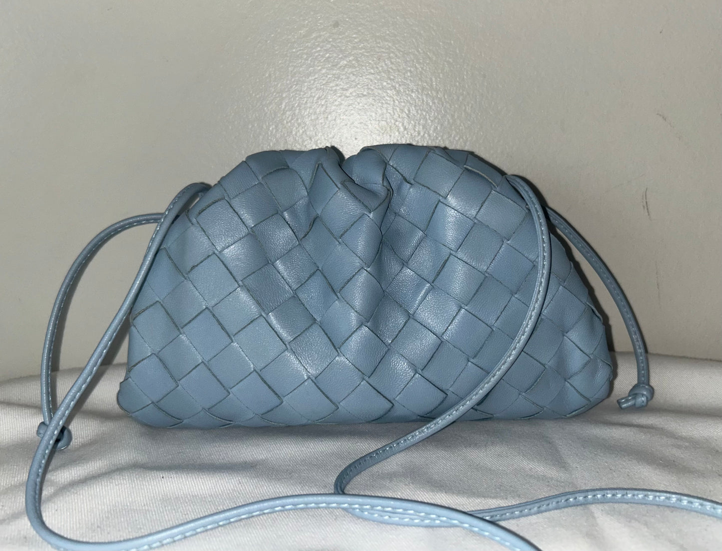 BOTTEGA VENETA Pouch Mini Crossbody Bag Woven Lambskin Leather Light Blue