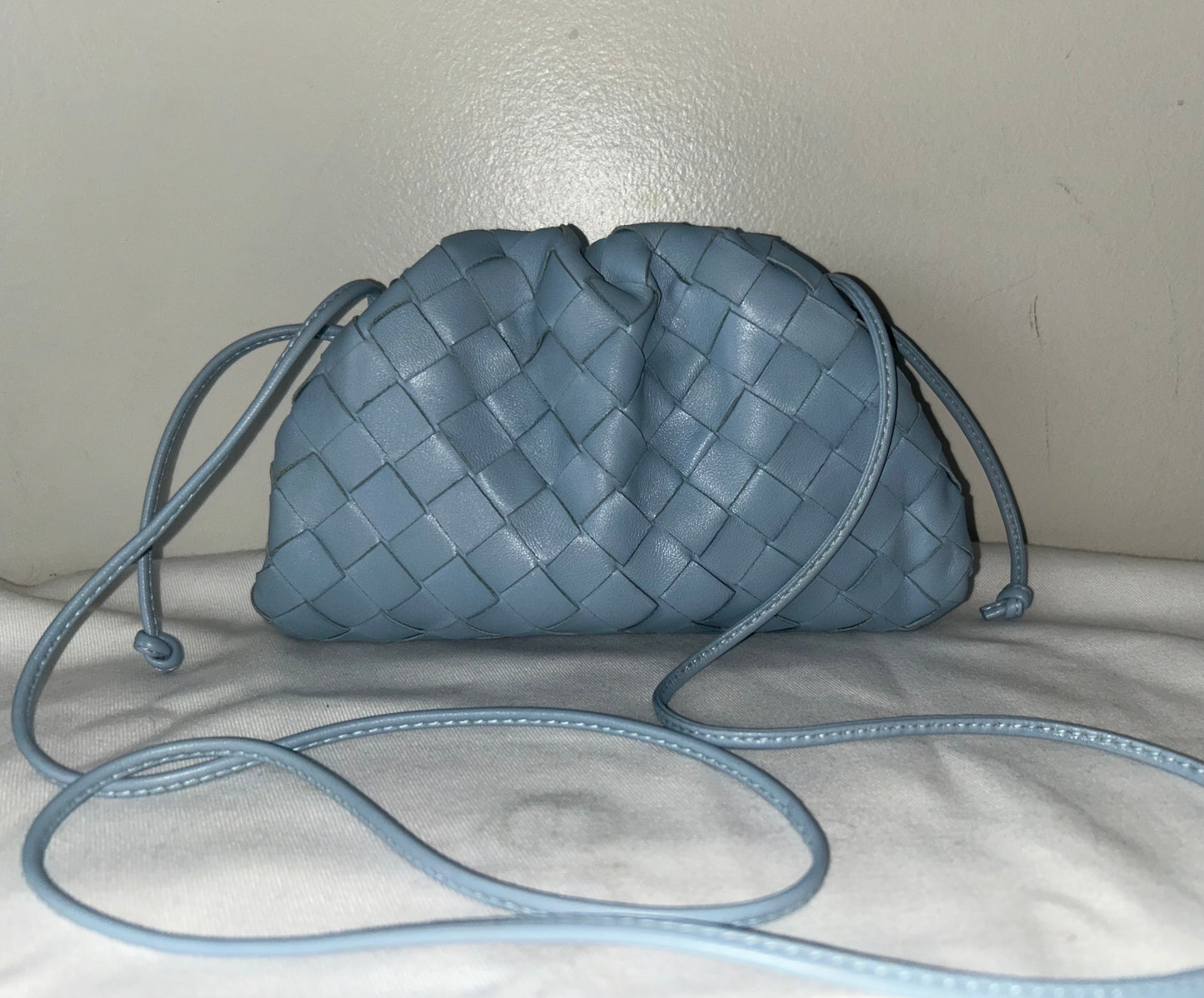 BOTTEGA VENETA Pouch Mini Crossbody Bag Woven Lambskin Leather Light Blue