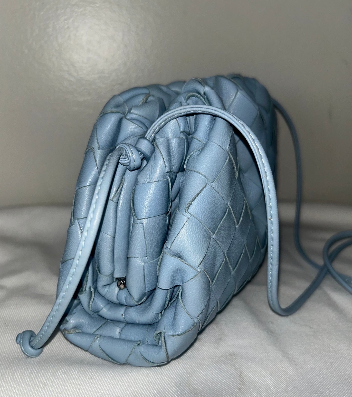BOTTEGA VENETA Pouch Mini Crossbody Bag Woven Lambskin Leather Light Blue