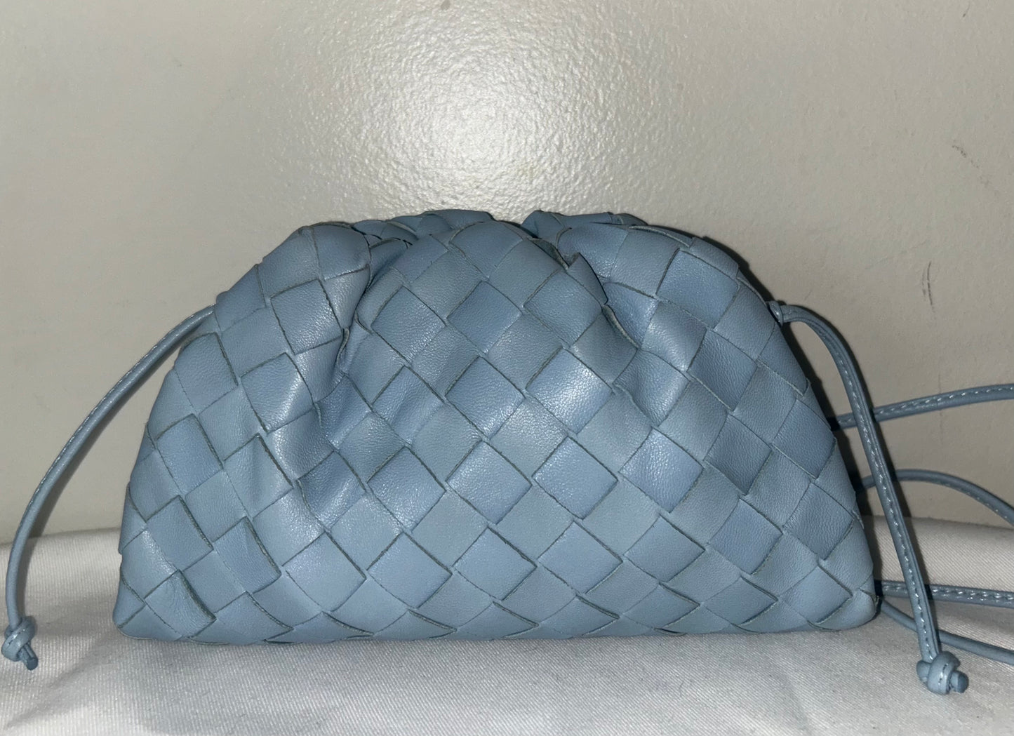 BOTTEGA VENETA Pouch Mini Crossbody Bag Woven Lambskin Leather Light Blue