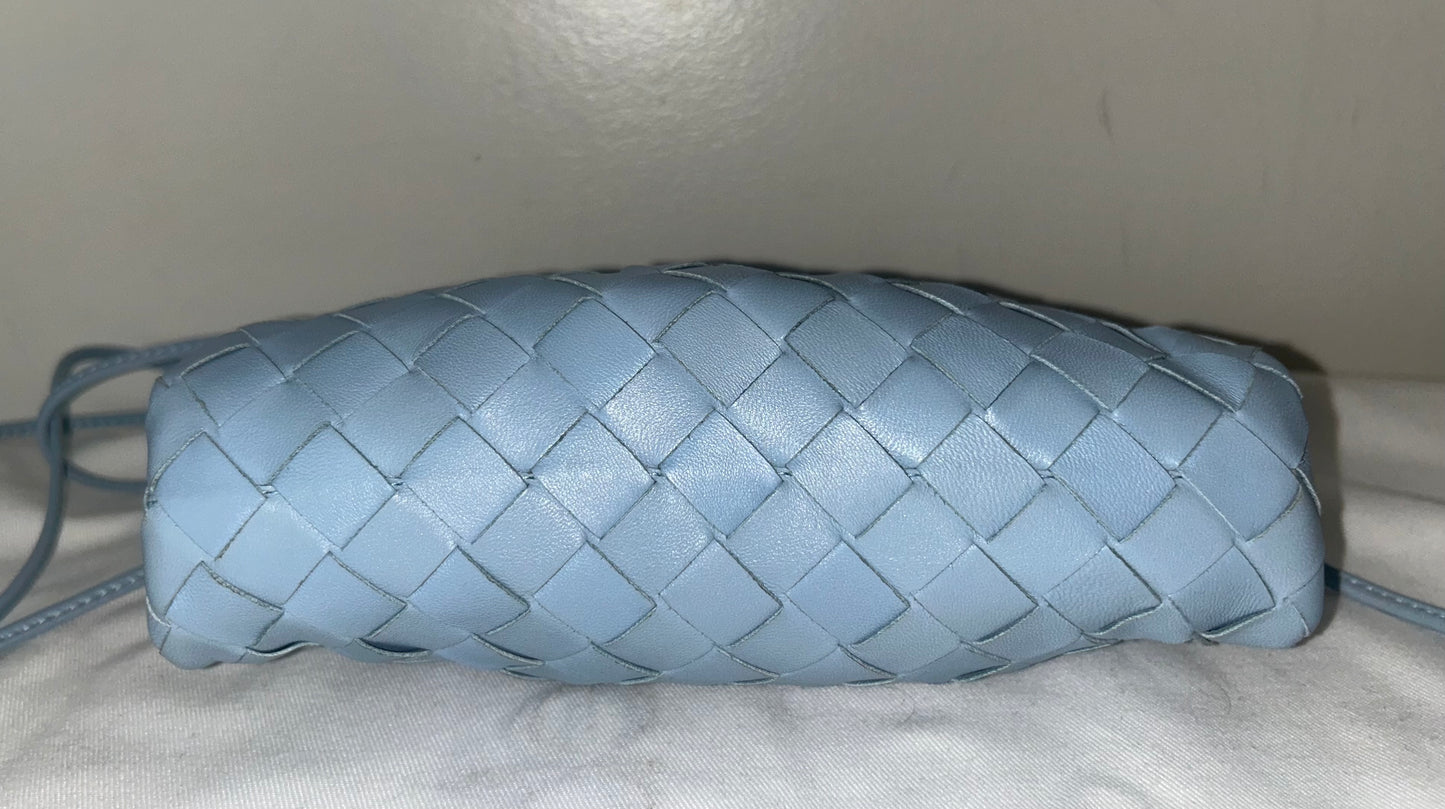 BOTTEGA VENETA Pouch Mini Crossbody Bag Woven Lambskin Leather Light Blue