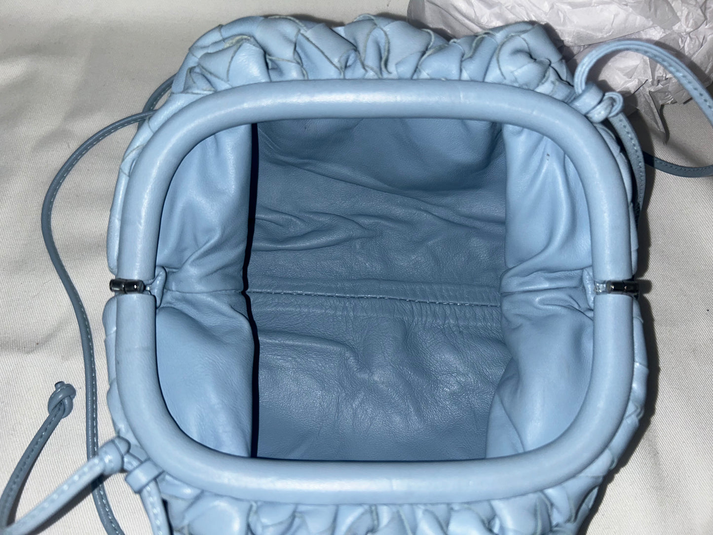 BOTTEGA VENETA Pouch Mini Crossbody Bag Woven Lambskin Leather Light Blue