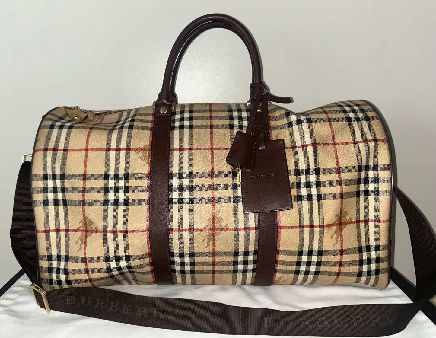 BURBERRY Haymarket Check Coated Canvas Large Travel Duffle Bag Brown Beige