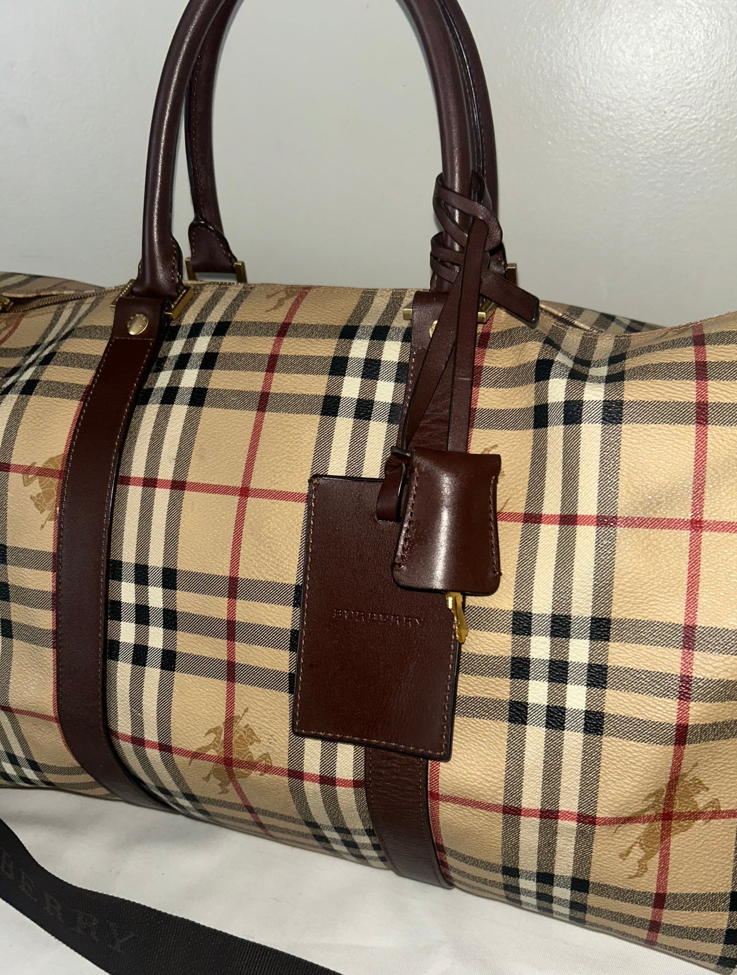 BURBERRY Haymarket Check Coated Canvas Large Travel Duffle Bag Brown Beige