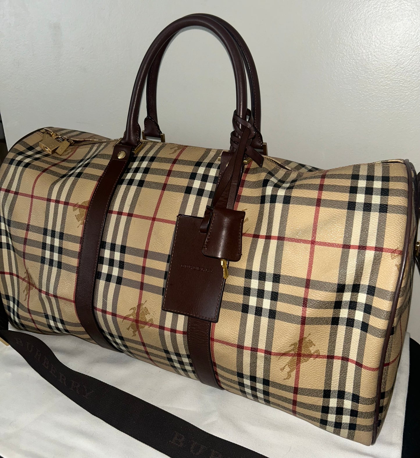 BURBERRY Haymarket Check Coated Canvas Large Travel Duffle Bag Brown Beige