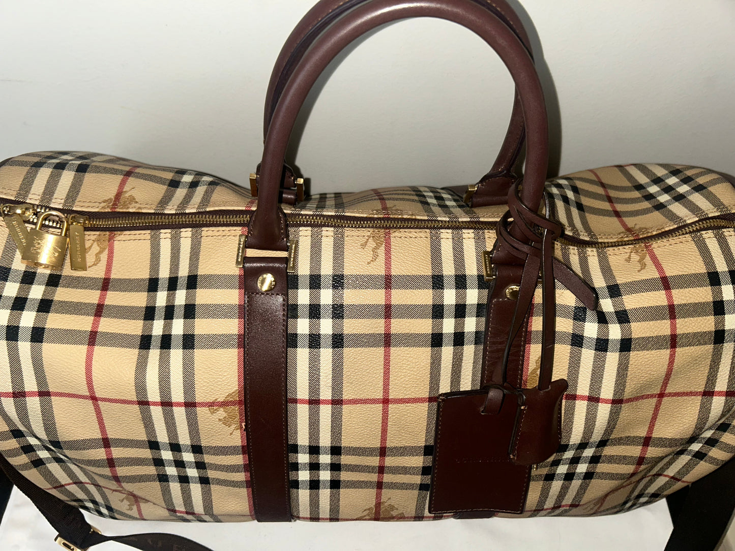 BURBERRY Haymarket Check Coated Canvas Large Travel Duffle Bag Brown Beige