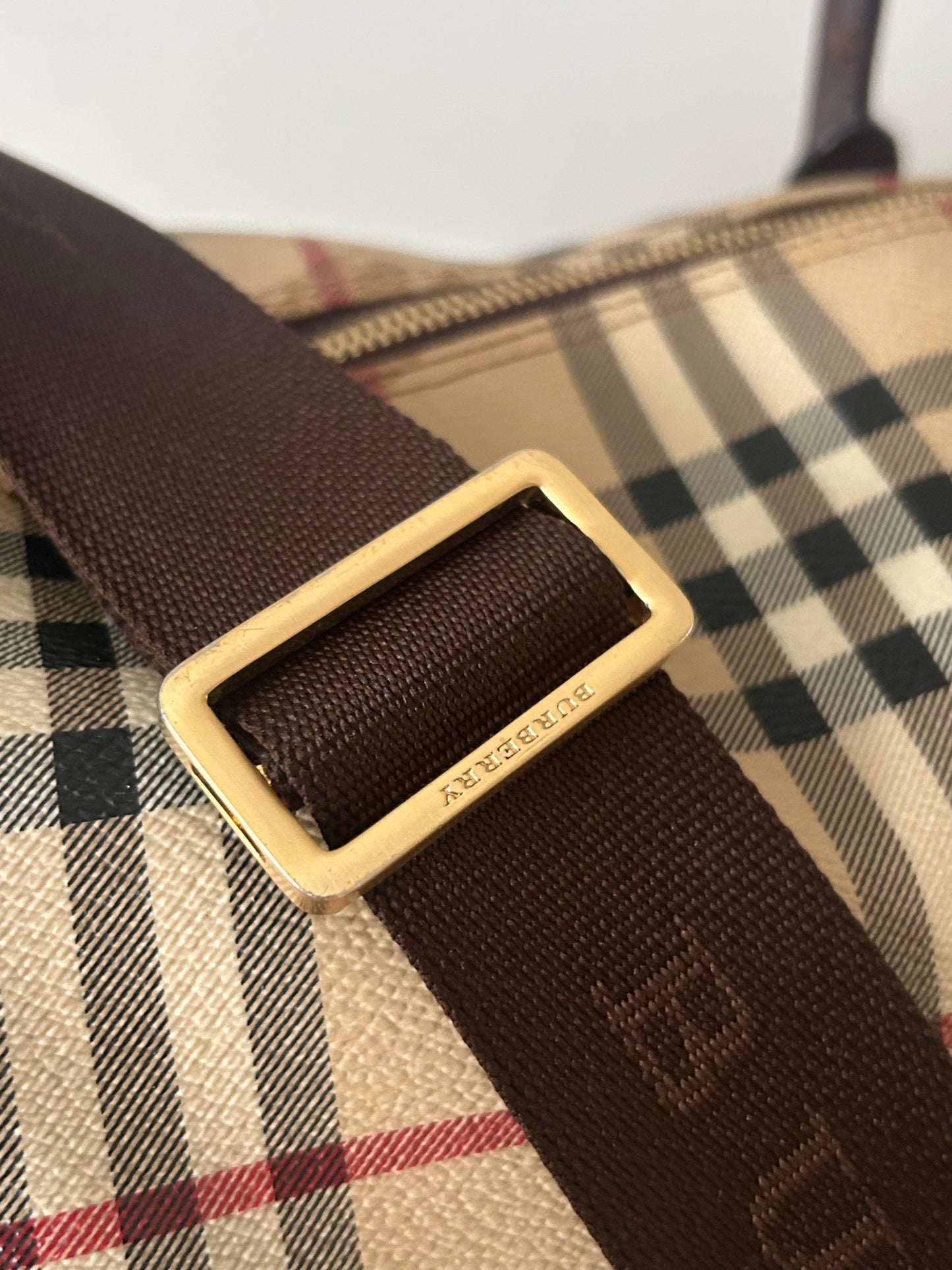 BURBERRY Haymarket Check Coated Canvas Large Travel Duffle Bag Brown Beige