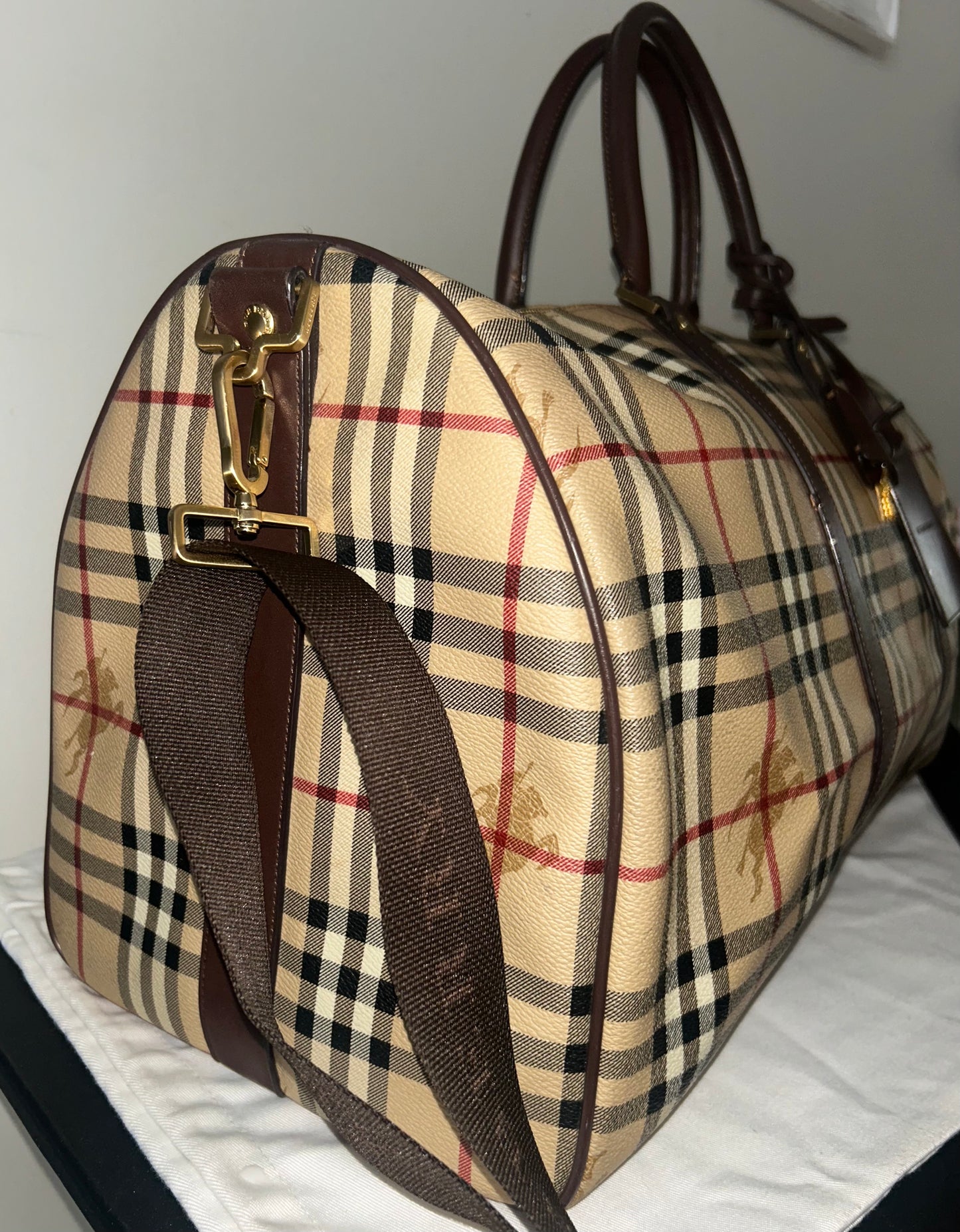 BURBERRY Haymarket Check Coated Canvas Large Travel Duffle Bag Brown Beige