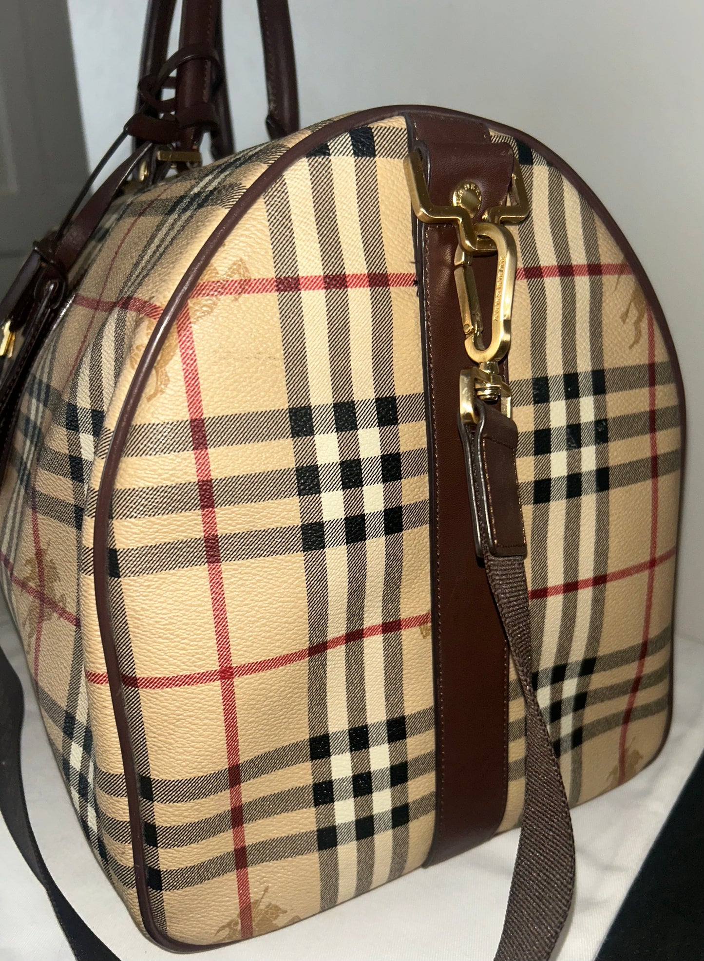 BURBERRY Haymarket Check Coated Canvas Large Travel Duffle Bag Brown Beige