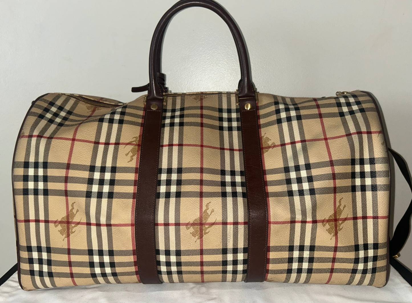 BURBERRY Haymarket Check Coated Canvas Large Travel Duffle Bag Brown Beige