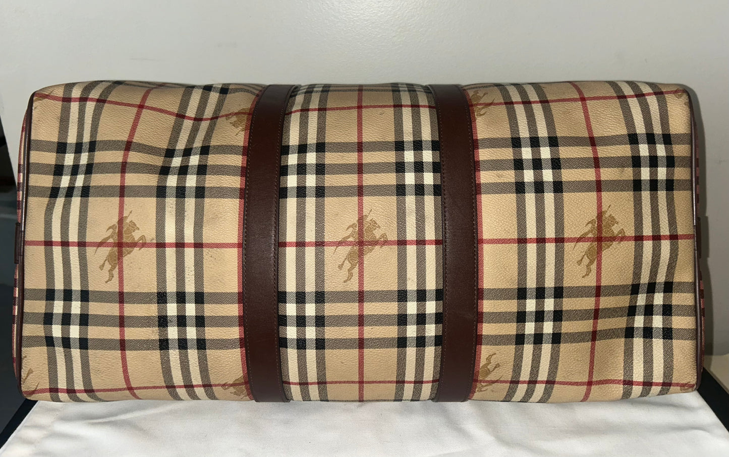 BURBERRY Haymarket Check Coated Canvas Large Travel Duffle Bag Brown Beige