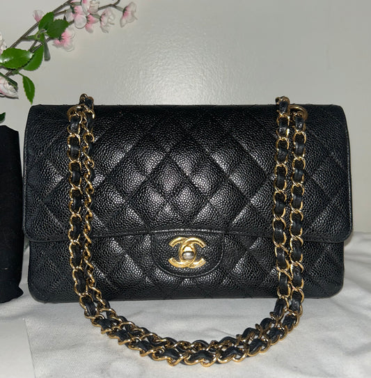 CHANEL Medium Classic Double Flap Caviar Quilted Handbag Black / Gold Hardware