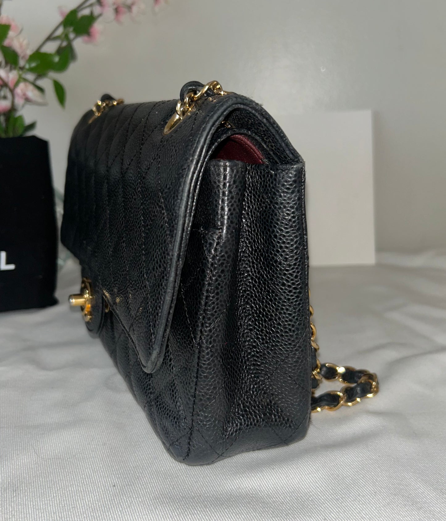 CHANEL Medium Classic Double Flap Caviar Quilted Handbag Black / Gold Hardware