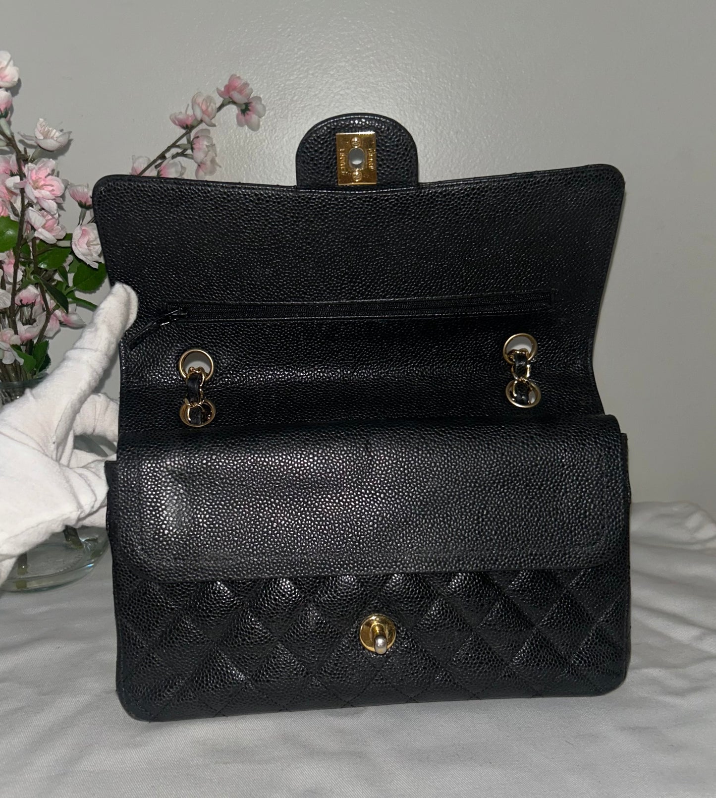 CHANEL Medium Classic Double Flap Caviar Quilted Handbag Black / Gold Hardware