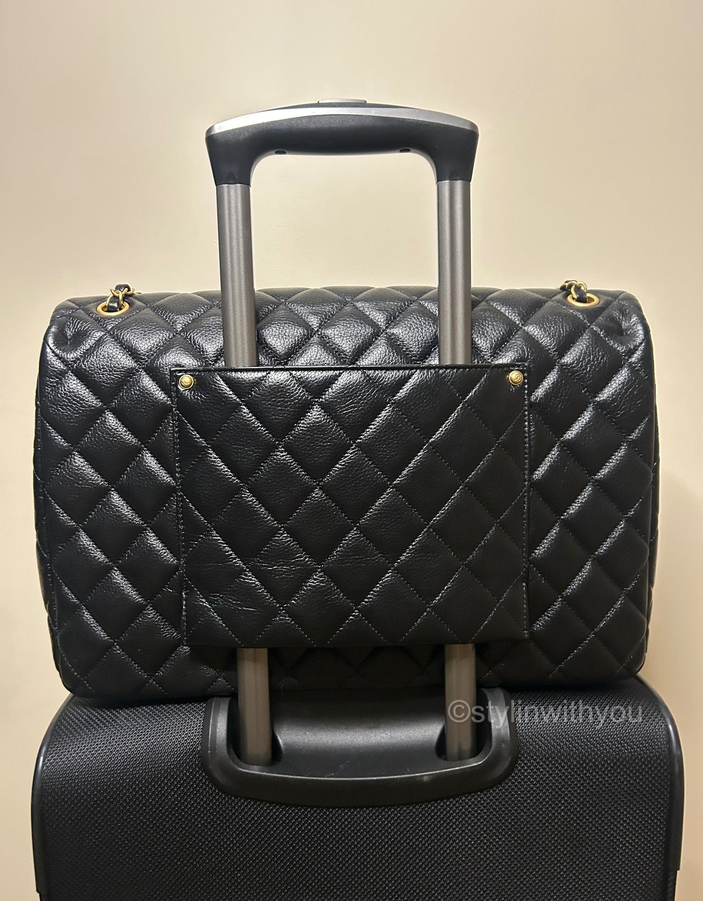 CHANEL 24C XXL Travel Flap Bag Quilted Calfskin Leather Black / Gold Hardware