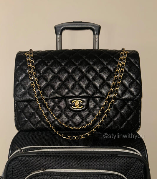 CHANEL 24C XXL Travel Flap Bag Quilted Calfskin Leather Black / Gold Hardware