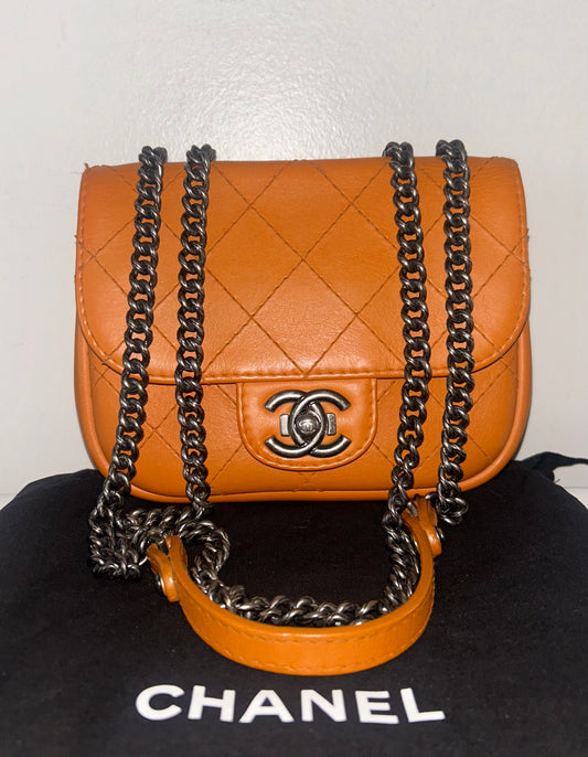 CHANEL Classic Small Messenger Flap Quilted Leather Crossbody Bag Caramel Brown