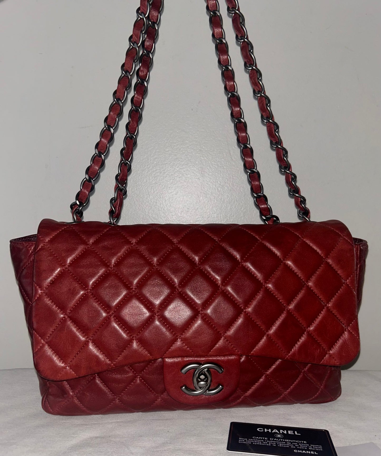 CHANEL Classic Jumbo Quilted Lambskin Leather Handbag Burgundy