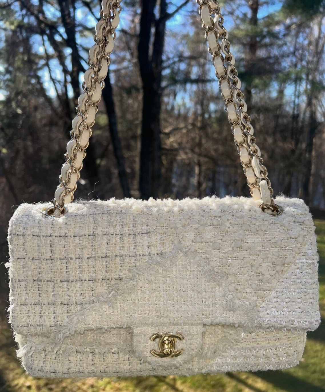 CHANEL 20K Classic Medium Double Flap Tweed Patchwork Bag White/Ivory