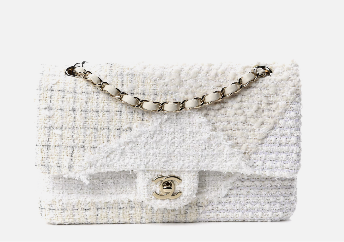 CHANEL 20K Classic Medium Double Flap Tweed Patchwork Bag White/Ivory