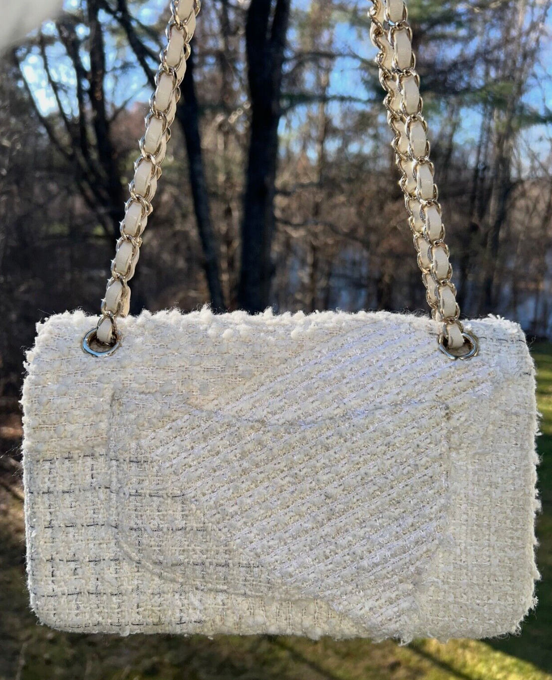 CHANEL 20K Classic Medium Double Flap Tweed Patchwork Bag White/Ivory