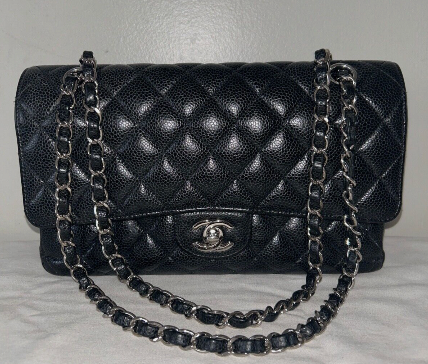 CHANEL Classic Medium Double Flap Quilted Caviar Leather Handbag Black