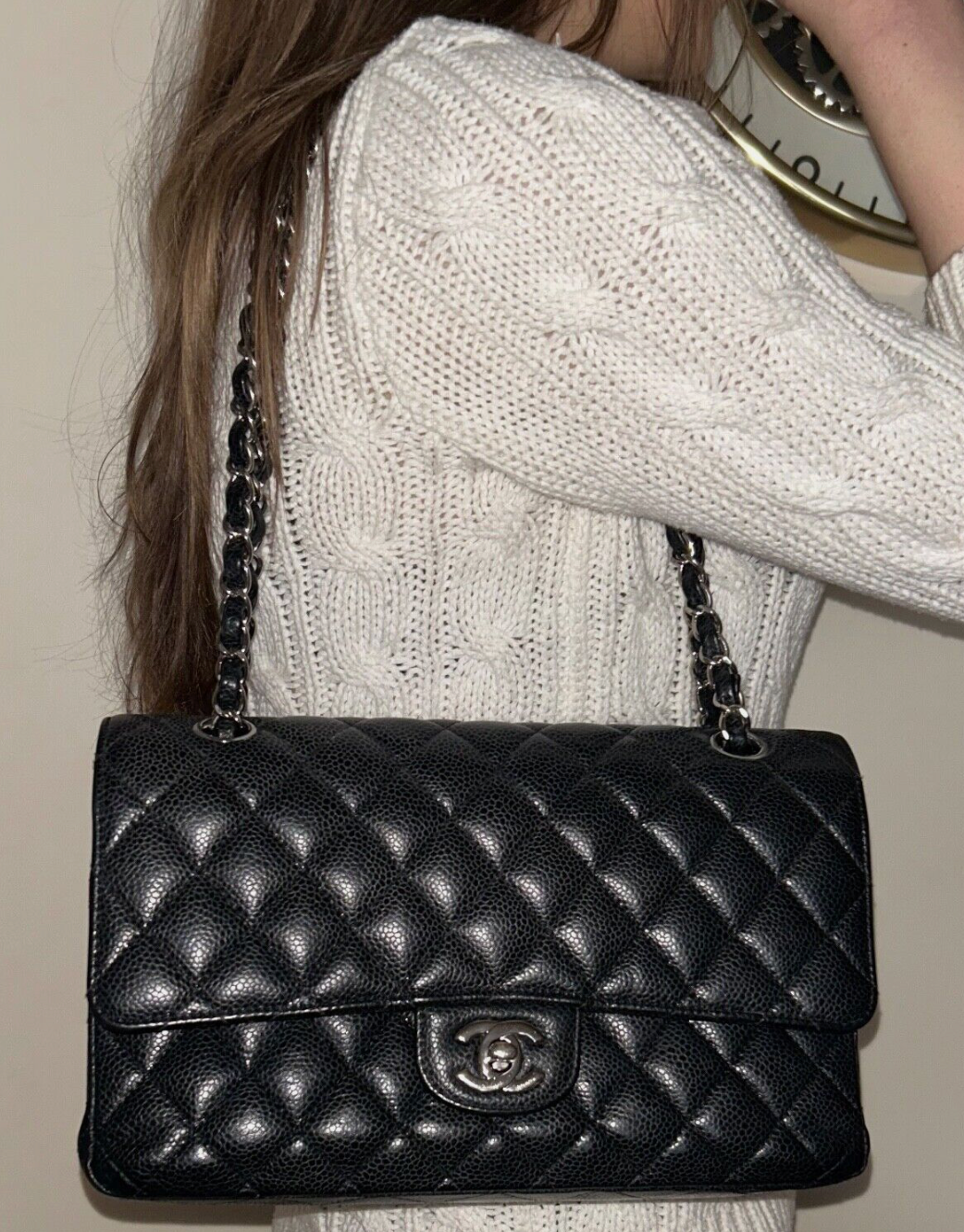 CHANEL Classic Medium Double Flap Quilted Caviar Leather Handbag Black