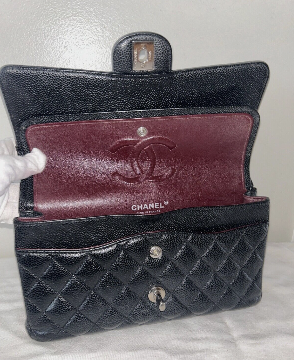 CHANEL Classic Medium Double Flap Quilted Caviar Leather Handbag Black